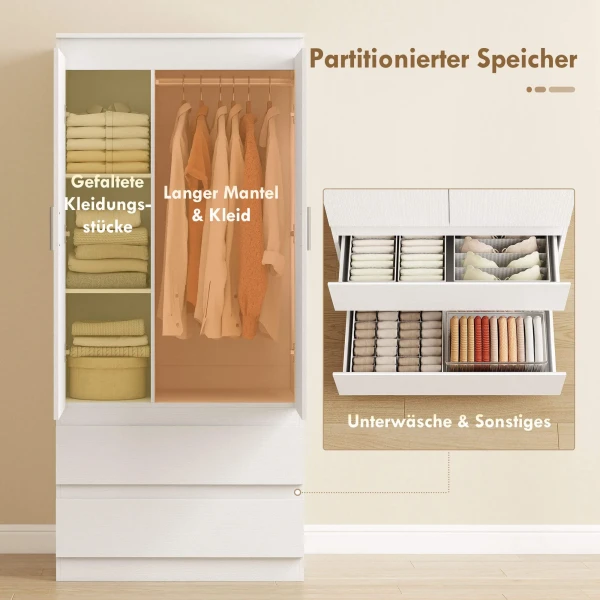 Slaapkamer garderobe Met 2 Deuren, 2 Laden, 3 Vakken, Hout, Wit