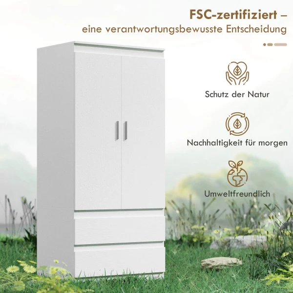 Slaapkamer garderobe Met 2 Deuren, 2 Laden, 3 Vakken, Hout, Wit