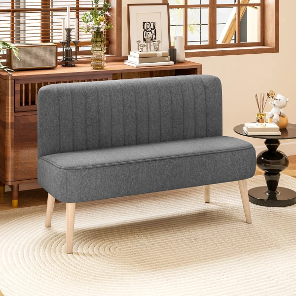 Sofa 2 zits, Gestoffeerde Sofa Linnenlook, Houten Frame, Voor Woonkamer Slaapkamer, 117 Cm, Grijs