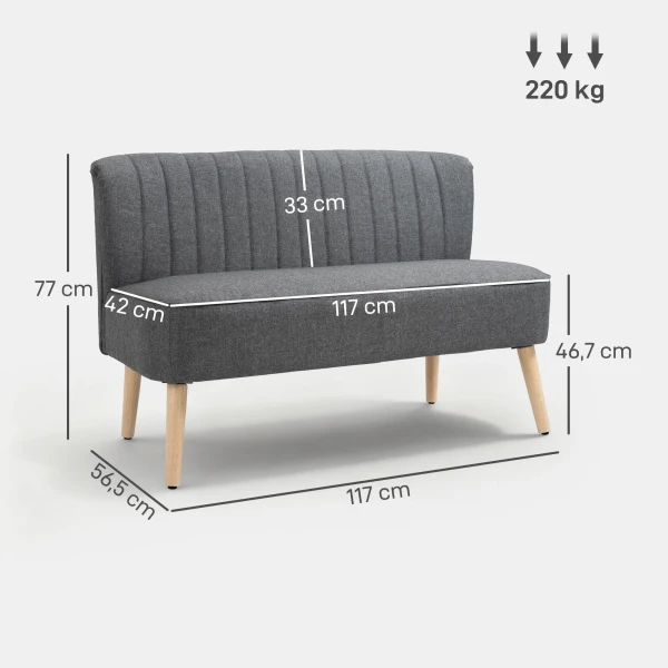 Sofa 2 zits, Gestoffeerde Sofa Linnenlook, Houten Frame, Voor Woonkamer Slaapkamer, 117 Cm, Grijs