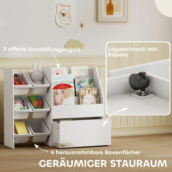 Speelgoedrek, Kinderkamerrek Met 6 Bakken, Boekenplank, Rolbare Doos, 100 X 30 X 80 Cm, MDF, Staal, Wit