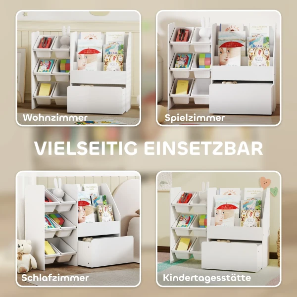 Speelgoedrek, Kinderkamerrek Met 6 Bakken, Boekenplank, Rolbare Doos, 100 X 30 X 80 Cm, MDF, Staal, Wit