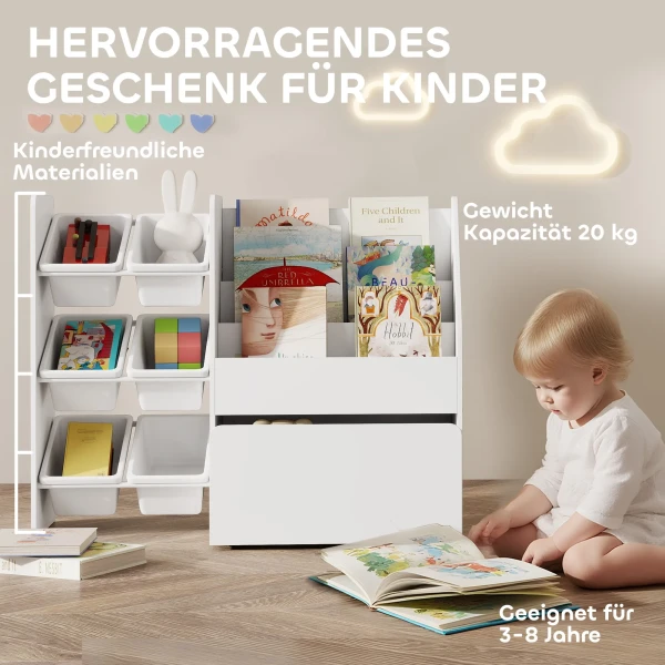 Speelgoedrek, Kinderkamerrek Met 6 Bakken, Boekenplank, Rolbare Doos, 100 X 30 X 80 Cm, MDF, Staal, Wit