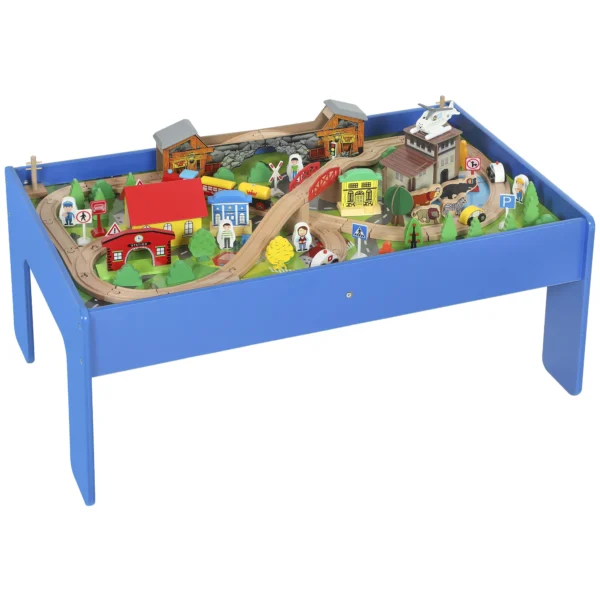 Speeltafel, 108 delig Houten Treinset, Met Afneembaar Tafelblad, Treintafel, 98x60,5x40 Cm, Blauw
