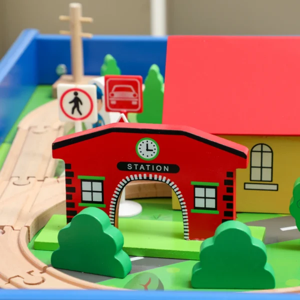 Speeltafel, 108 delig Houten Treinset, Met Afneembaar Tafelblad, Treintafel, 98x60,5x40 Cm, Blauw