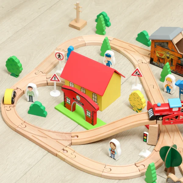 Speeltafel, 108 delig Houten Treinset, Met Afneembaar Tafelblad, Treintafel, 98x60,5x40 Cm, Blauw