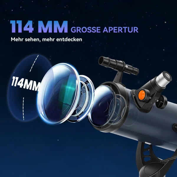 Spiegeltelescoop, 114 mm objectief, 2 oculairs, zoekertelescoop, aluminium, donkerblauw 6
