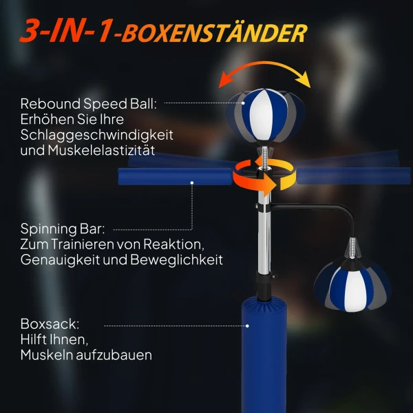 Sportnow boksstandaard, twee speedballs, draaibare boksstang, trapkussen, in hoogte verstelbaar, staal, 107 x 36 x 140 205 cm, blauw 5
