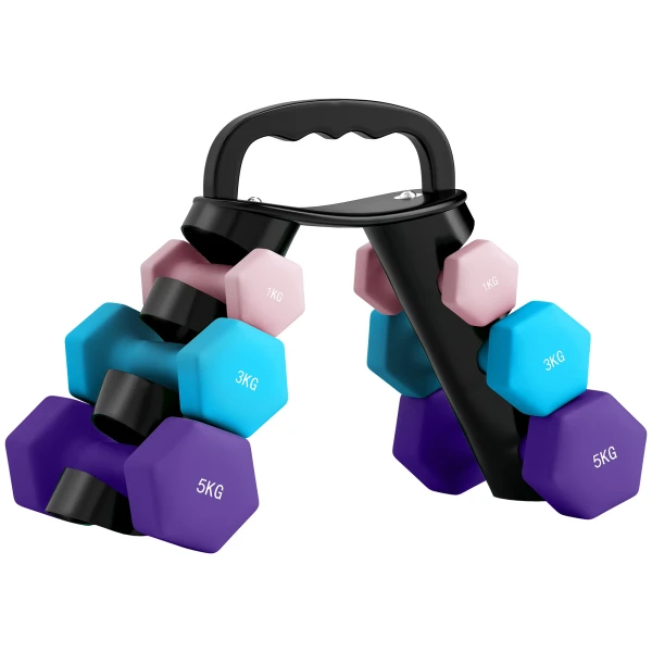 Sportnow halterset met opbergrek, set van 6 halters voor fitness training, 2 x 1kg, 2 x 3kg, 2 x 5kg 1