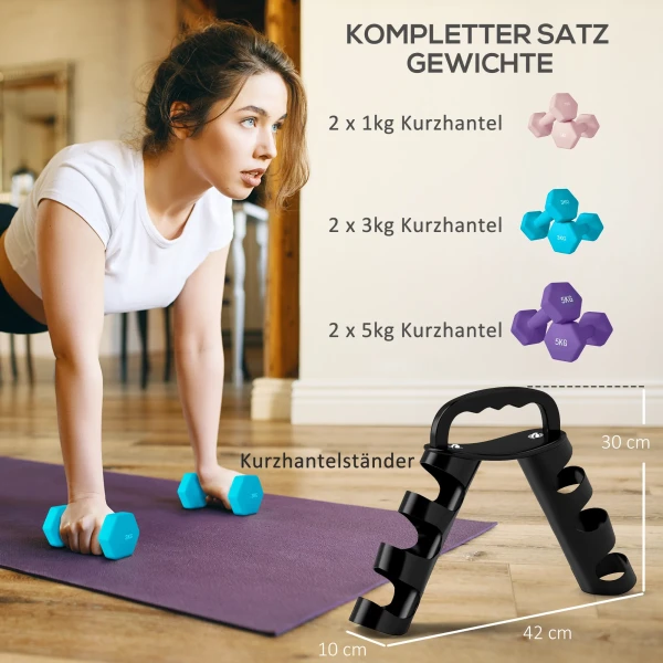 Sportnow halterset met opbergrek, set van 6 halters voor fitness training, 2 x 1kg, 2 x 3kg, 2 x 5kg 5