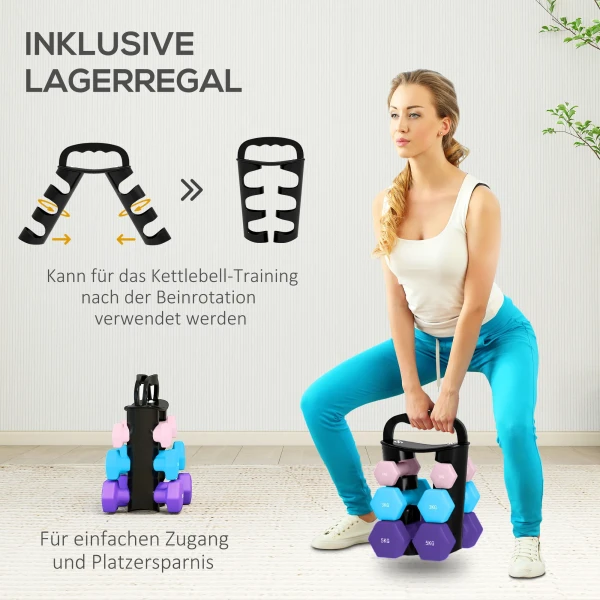 Sportnow halterset met opbergrek, set van 6 halters voor fitness training, 2 x 1kg, 2 x 3kg, 2 x 5kg 6