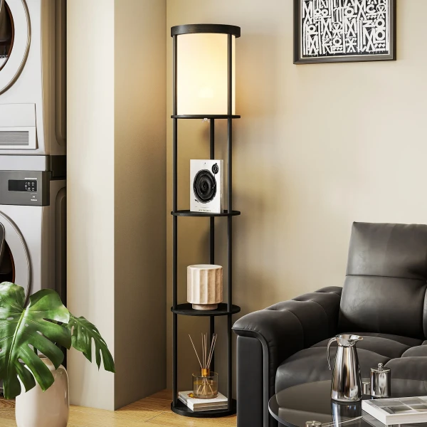 Staande lamp met 3 planken, rond ontwerp, afstandsbediening, voetschakelaar, verstelbare lichtwarmte, voor woonkamer, zwart 10
