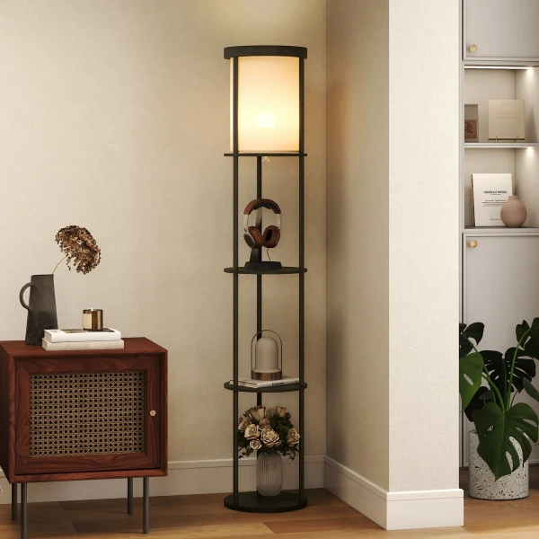 Staande lamp met 3 planken, rond ontwerp, afstandsbediening, voetschakelaar, verstelbare lichtwarmte, voor woonkamer, zwart 2