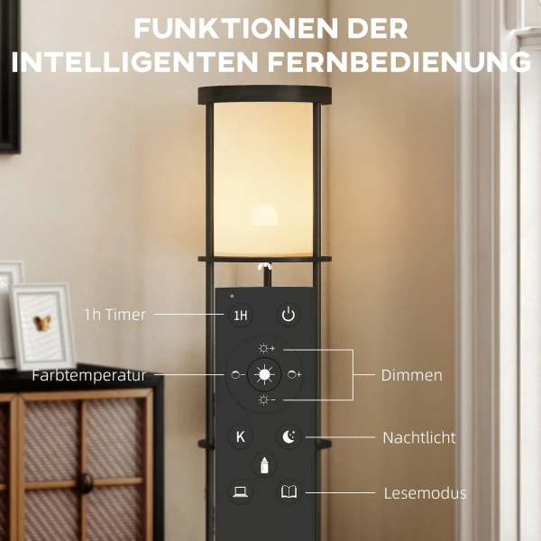 Staande lamp met 3 planken, rond ontwerp, afstandsbediening, voetschakelaar, verstelbare lichtwarmte, voor woonkamer, zwart 6