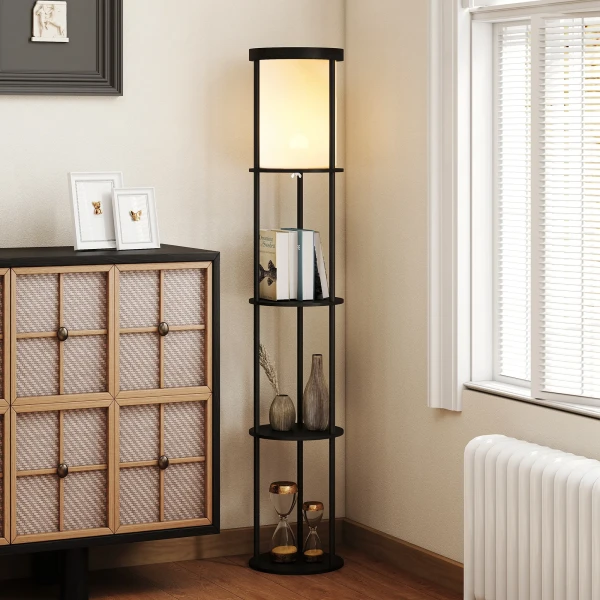 Staande lamp met 3 planken, rond ontwerp, afstandsbediening, voetschakelaar, verstelbare lichtwarmte, voor woonkamer, zwart 9