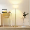 Staande lamp met afstandsbediening, in hoogte verstelbaar, stoffen kap, metalen standaard, aanpasbare helderheid, voetschakelaar, goudkleurig 10