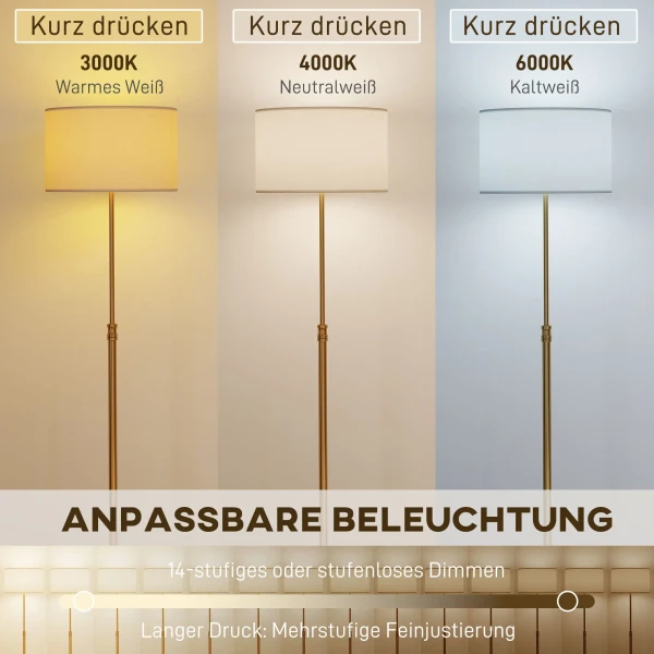 Staande lamp met afstandsbediening, in hoogte verstelbaar, stoffen kap, metalen standaard, aanpasbare helderheid, voetschakelaar, goudkleurig 5