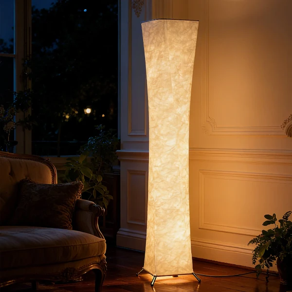 Staande Lamp Met Papieren Kap, Voetschakelaar, 3 Helderheidsniveaus, Wit