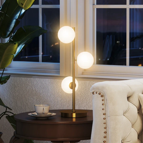 Tafellamp met 3 bolvormige kappen, met stabiele stalen voet, g9 fittingen, 24 x 24 x 53 cm, messing 8