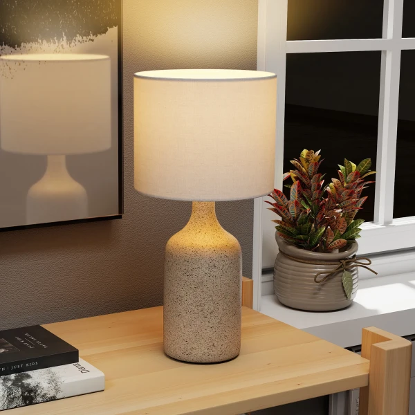 Tafellamp, nachtkastje lamp, bureaulamp met keramische voet, linnen kap, 22x22x45 cm zandbruin+wit 2