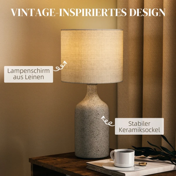 Tafellamp, nachtkastje lamp, bureaulamp met keramische voet, linnen kap, 22x22x45 cm zandbruin+wit 5