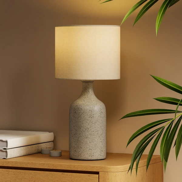 Tafellamp, nachtkastje lamp, bureaulamp met keramische voet, linnen kap, 22x22x45 cm zandbruin+wit 7