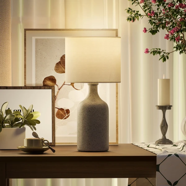 Tafellamp, nachtkastje lamp, bureaulamp met keramische voet, linnen kap, 22x22x45 cm zandbruin+wit 9