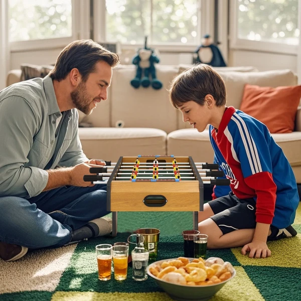 Tafelvoetbalset, kicker tafel, compacte houtstructuur, 2 ballen, scoreborden, bruin 2