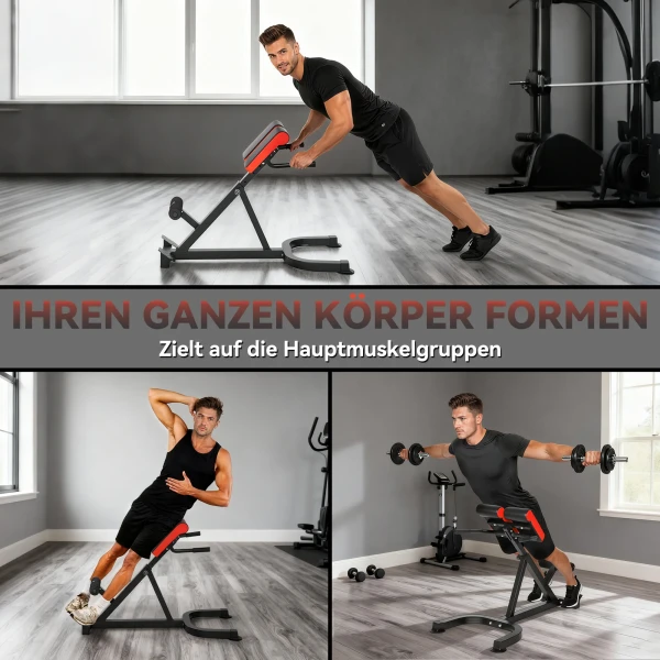 Trainingsstoel, Fitnessbank, Haltersbank, Staal, Verstelbaar, Handvatten, Rood+Zwart