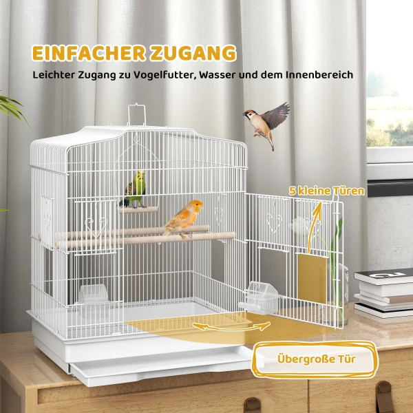 Vintage ontwerp Vogelkooi Voor Kleine Vogelsoorten Incl. Accessoires 46,5 X 36 X 59 Cm Staal, Hout, Wit + Natuur
