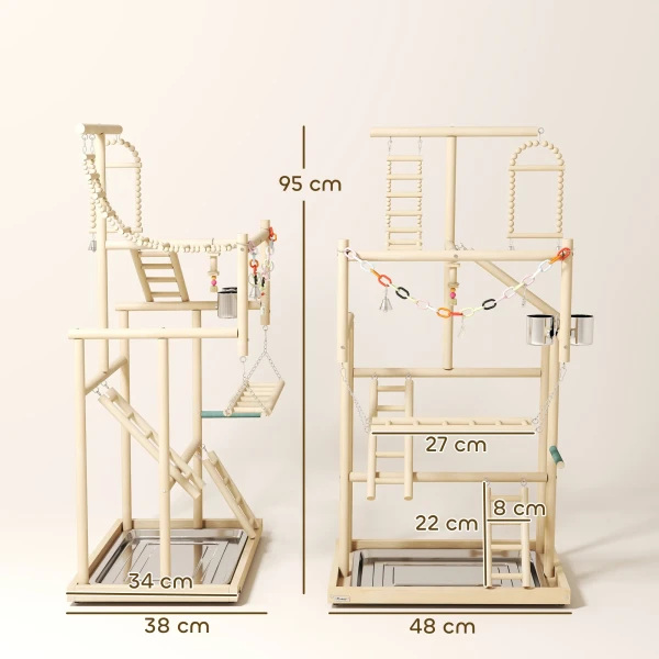 Vogelstandaard, Vogelstangenset, 4 Niveaus, Roestvrijstalen Blad, Speelgoed, Natuurhout