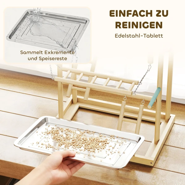 Vogelstandaard, Vogelstangenset, 4 Niveaus, Roestvrijstalen Blad, Speelgoed, Natuurhout