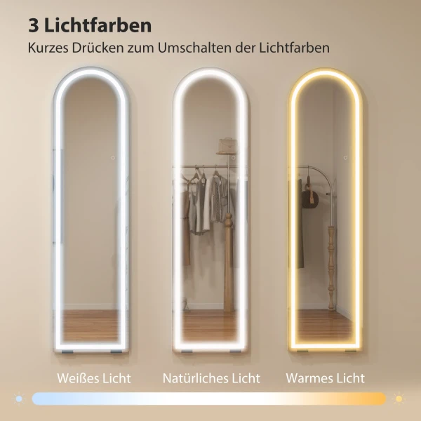 Volledige Lichaamsspiegel Met LED verlichting, 150 X 40 Cm, Boogvormig, Dimbaar, 3 Lichtkleuren, Vrijstaand Of Wandmontage, Wit