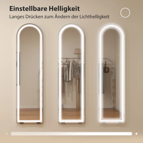Volledige Lichaamsspiegel Met LED verlichting, 150 X 40 Cm, Boogvormig, Dimbaar, 3 Lichtkleuren, Vrijstaand Of Wandmontage, Wit