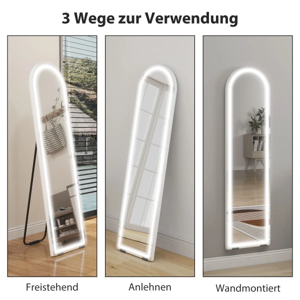 Volledige Lichaamsspiegel Met LED verlichting, 150 X 40 Cm, Boogvormig, Dimbaar, 3 Lichtkleuren, Vrijstaand Of Wandmontage, Wit