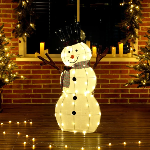 Vrolijke sneeuwman decoratie voor kerstmis, buitendecoratie met led lichten, staal, polyester, wit+zwart 10
