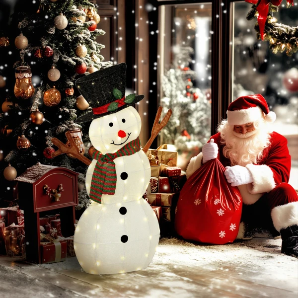 Vrolijke sneeuwman decoratie voor kerstmis, buitendecoratie met led lichten, staal, polyester, wit+zwart 2