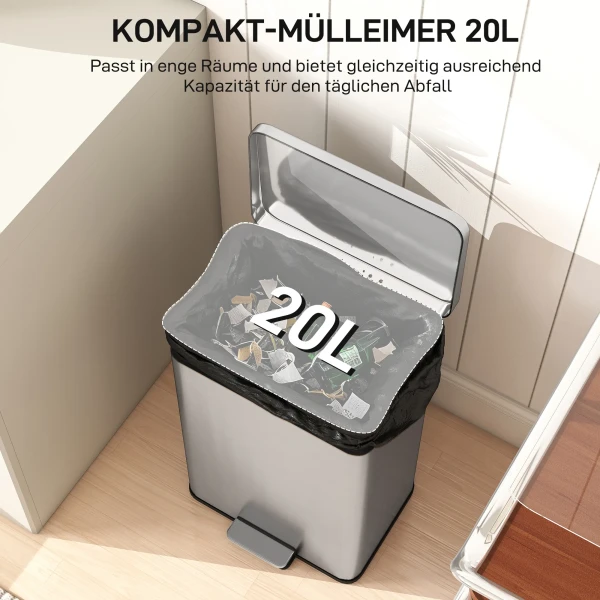 Vuilnisbak 20 L Trappelbak Met Softclose deksel, Pedaal, Afneembare Binnenbak Zilver, 34,2 X 30,6 X 44,2 Cm