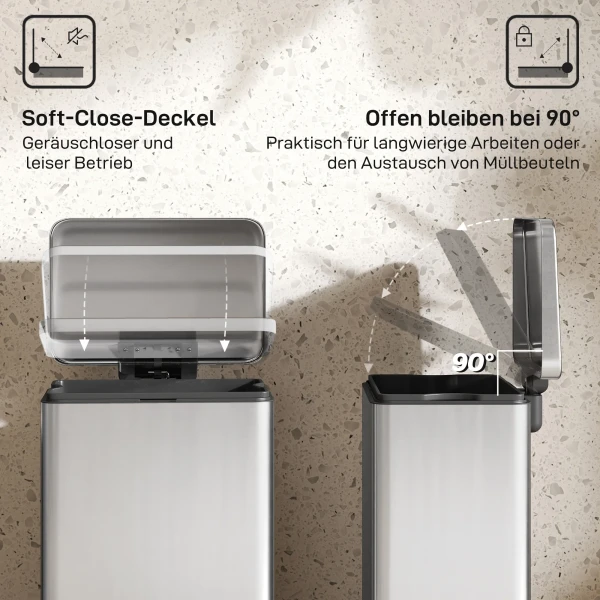 Vuilnisbak 20 L Trappelbak Met Softclose deksel, Pedaal, Afneembare Binnenbak Zilver, 34,2 X 30,6 X 44,2 Cm