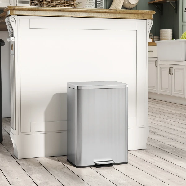 Vuilnisbak 20 L Trappelbak Met Softclose deksel, Pedaal, Afneembare Binnenbak Zilver, 34,2 X 30,6 X 44,2 Cm