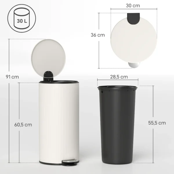 Vuilnisbak 30 L Trappelbak Met Softclose deksel En Pedaal, Binnenbak Metaal, Zwart, 36 X 30 X 60,5 Cm