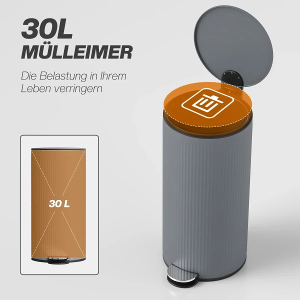 Vuilnisbak 30 L Trappelbak Met Softclose deksel En Pedaal, Binnenbak Metaal, Zwart, 36 X 30 X 60,5 Cm