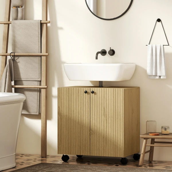 Wastafelonderkast Voor Badkamer, 3 laags Plank, Wielen, Hout