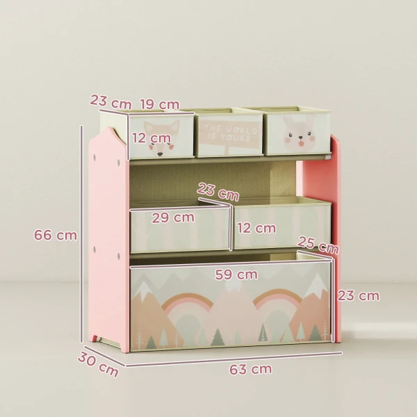 Zonekiz kinderkast met 6 stoffen dozen, schattig motief, 63x30x66 cm, roze 4