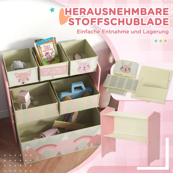 Zonekiz kinderkast met 6 stoffen dozen, schattig motief, 63x30x66 cm, roze 6