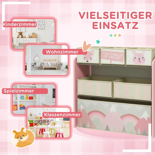 Zonekiz kinderkast met 6 stoffen dozen, schattig motief, 63x30x66 cm, roze 7