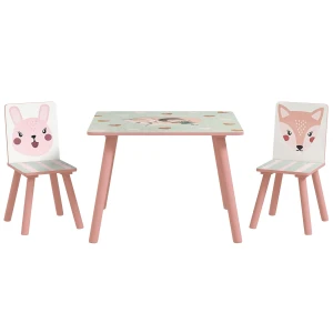 Zonekiz kinderset van dennenhout, tafel met 2 stoelen, dierenmotief, kinderkamer, 3 8 jaar, roze 1
