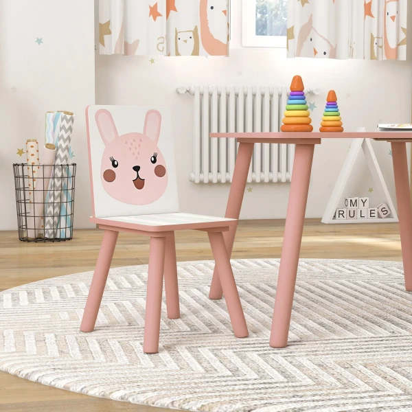 Zonekiz kinderset van dennenhout, tafel met 2 stoelen, dierenmotief, kinderkamer, 3 8 jaar, roze 10