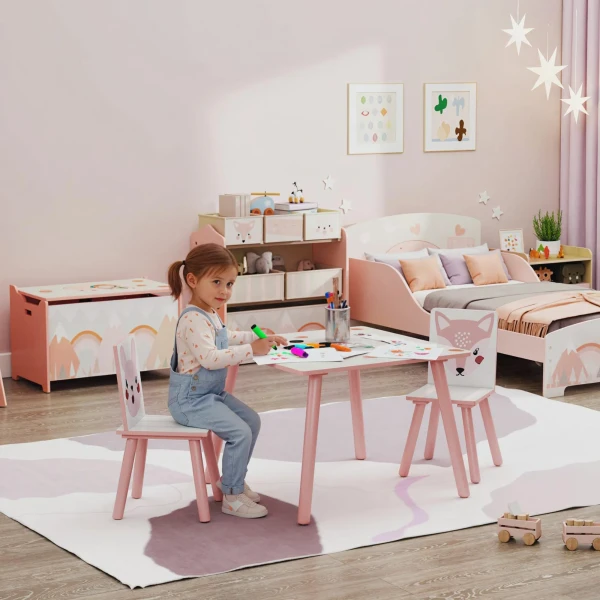 Zonekiz kinderset van dennenhout, tafel met 2 stoelen, dierenmotief, kinderkamer, 3 8 jaar, roze 2