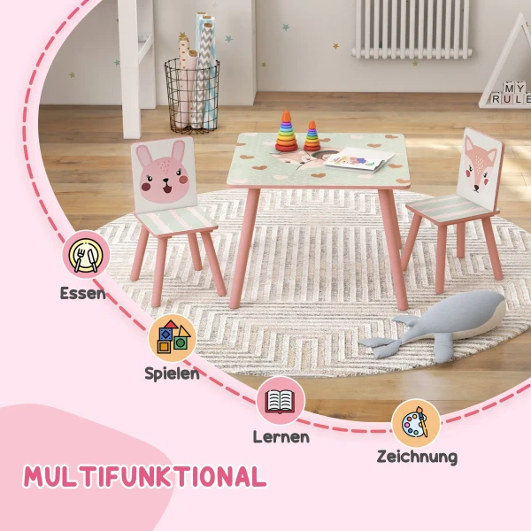 Zonekiz kinderset van dennenhout, tafel met 2 stoelen, dierenmotief, kinderkamer, 3 8 jaar, roze 5